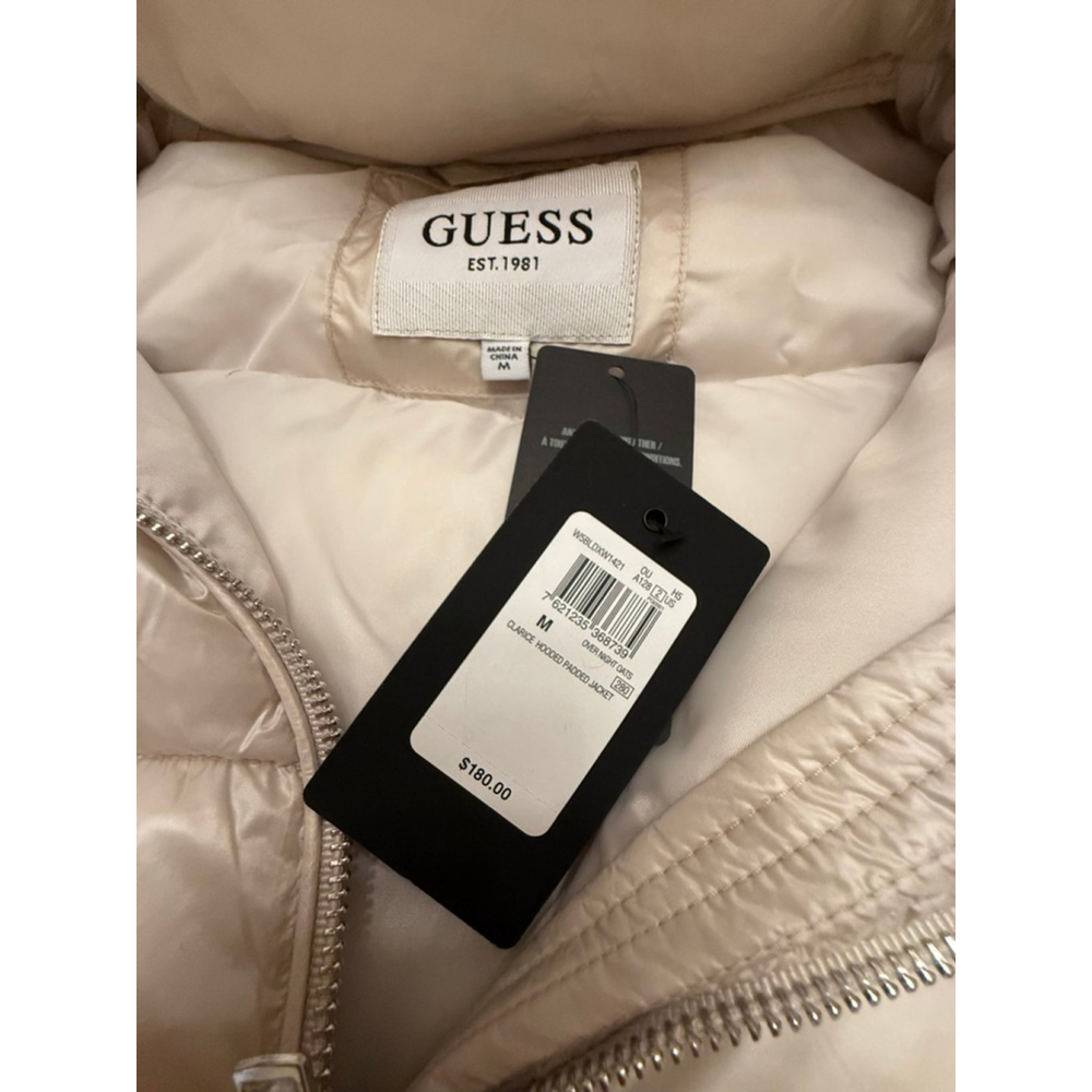 GUESS Beige Cream Puffer Jacket with Faux Fur Hood, Size M NWT - Picture 13 of 16